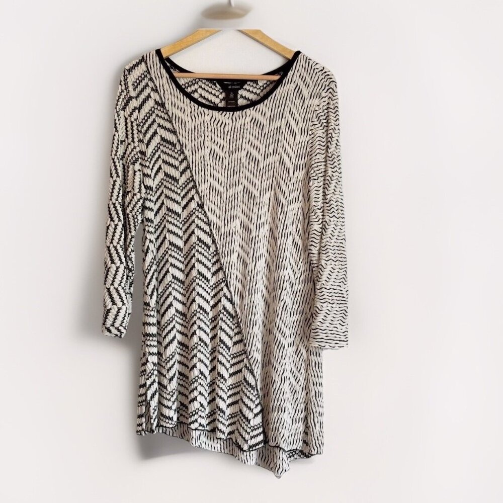 Ali Miles Womens Black Ivory Textured Geometric Tunic Top XL Boho Artsy Layering